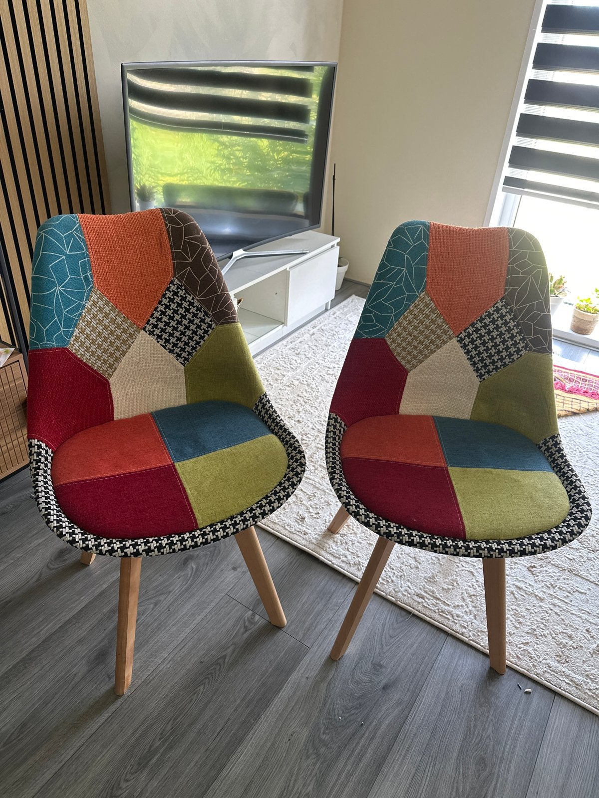 Set van 2 kleurrijke patchwork stoelen, Twee, Overige kleuren, Ophalen of Verzenden, Zo goed als nieuw