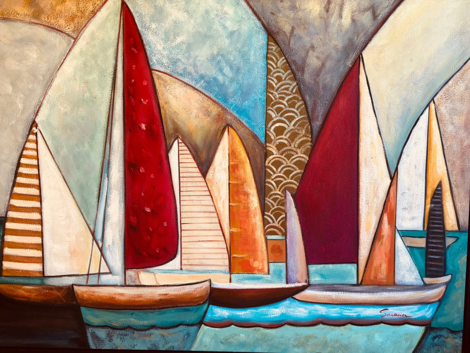 Groot handgeschilderd schilderij Race At Sea"., Antiek en Kunst, Ophalen of Verzenden