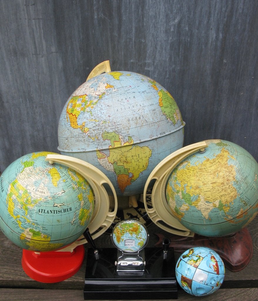 3x WERELDBOL/GLOBE VINTAGE USA/DUITS + RUBIK'S GLOBE, Gebruikt, Draaibaar, Ophalen of Verzenden, Metaal