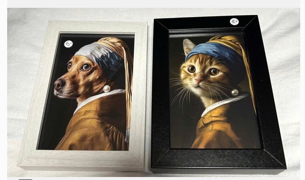 2 x lijst met kaart Poes en Hond ( meisje met de parel), Ophalen of Verzenden