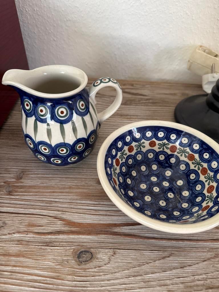 Bunzlau Pools aardewerk melkkannetje en schaaltje, Ophalen of Verzenden