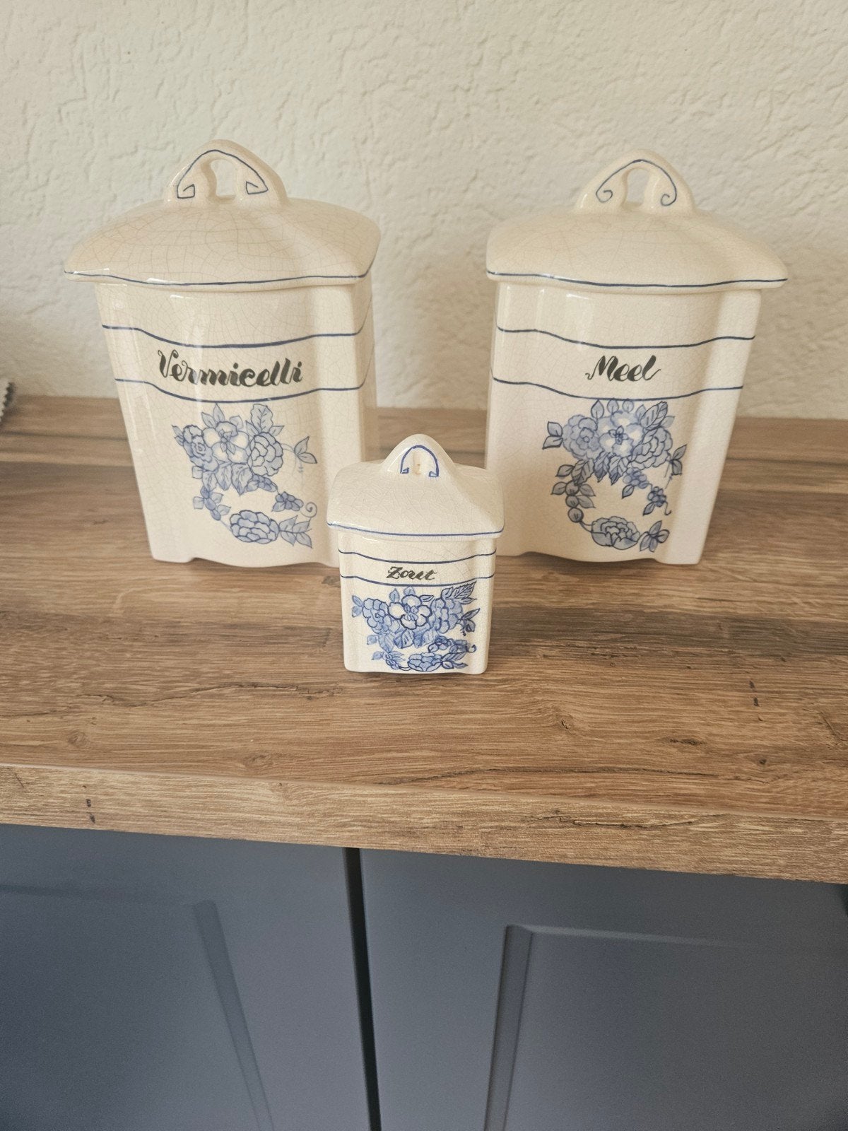 Vintage voorraadpotten set: Vermicelli, Meel, Zout, Huis en Inrichting, Ophalen, Gebruikt, Voorraadpot, Steen/keramiek