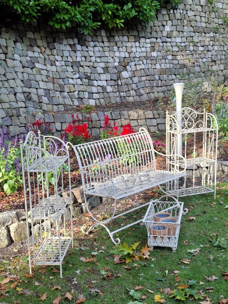 Vintage set: metalen tuinbank, plantenrekken en -bak, Antiek en Kunst, Ophalen