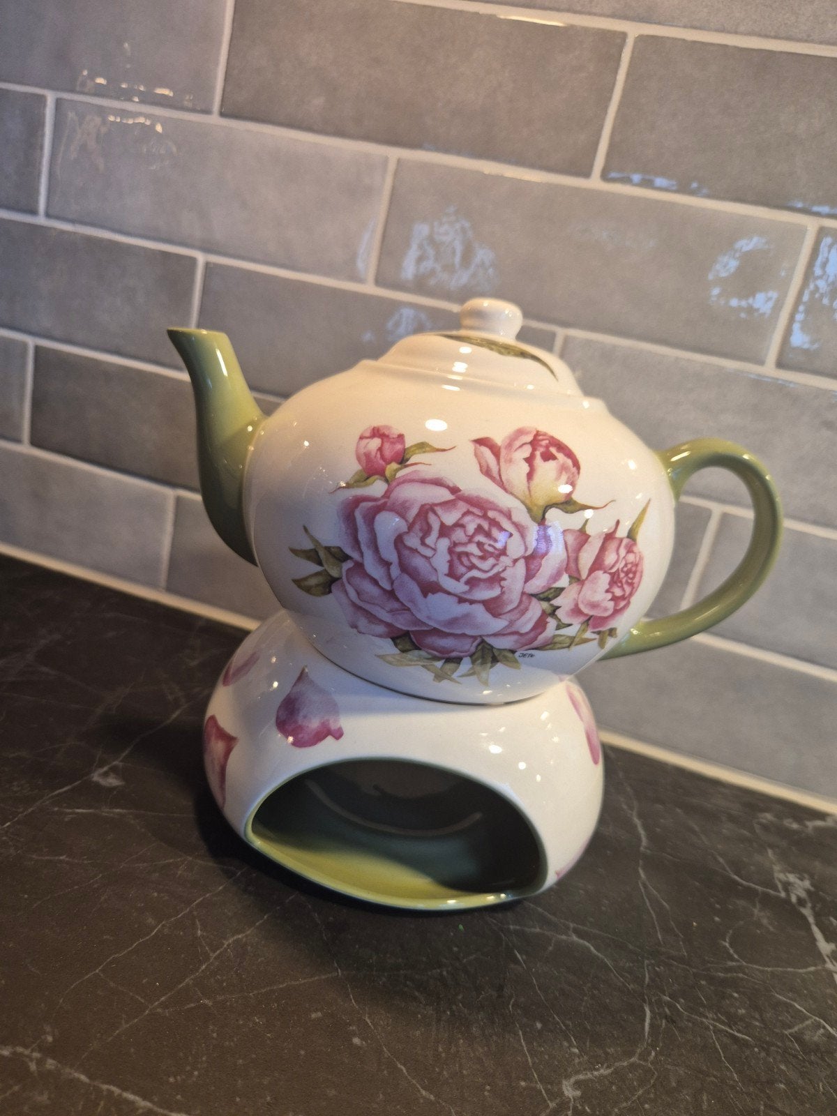 Theepot met warmhoudplaat, rozenprint, Jet by Ter Steege, Huis en Inrichting, Gebruikt, Keramiek, Vintage, Ophalen of Verzenden