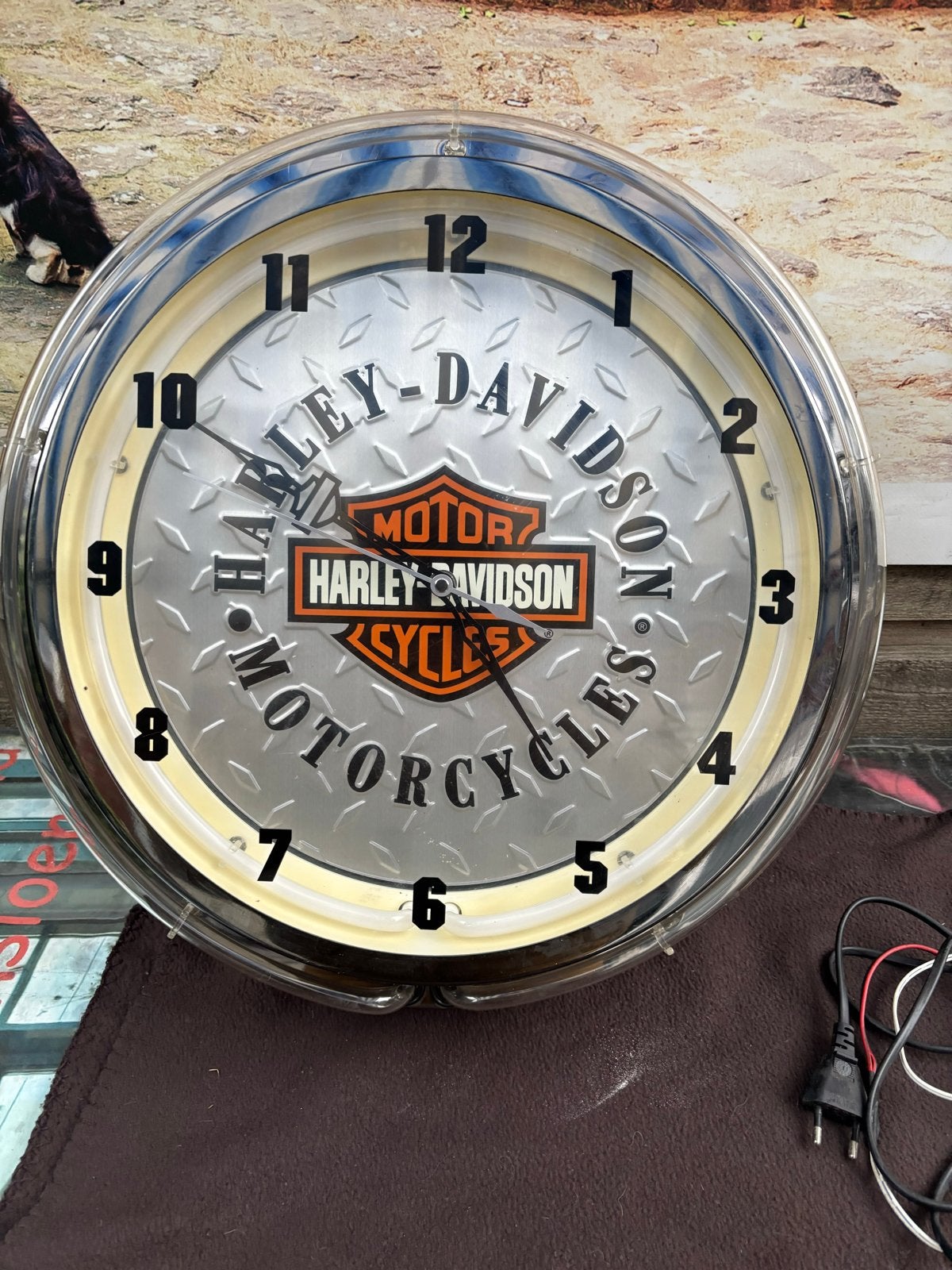 Harley-Davidson Wandklok met Neon Verlichting, Ophalen, Vintage, Analoog, Zilver