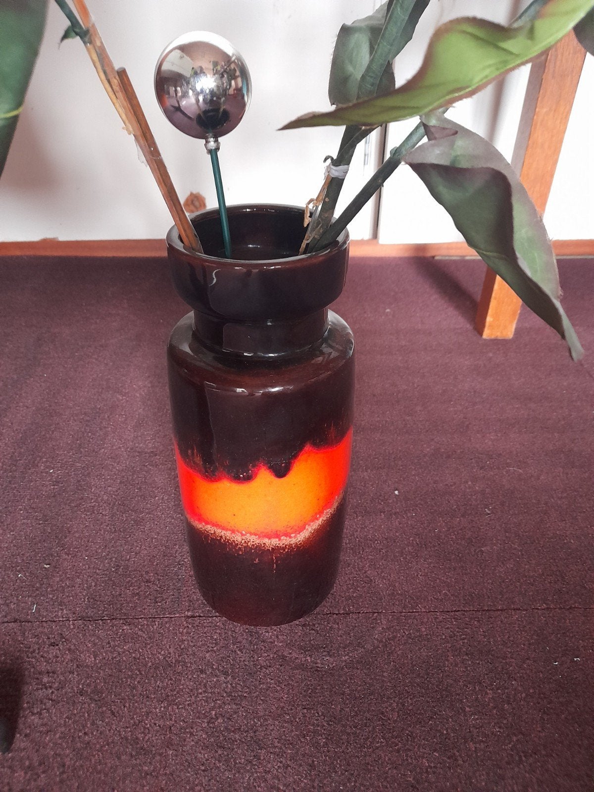 Vintage West Germany vaas, bruin met oranje accent, Antiek en Kunst, Ophalen