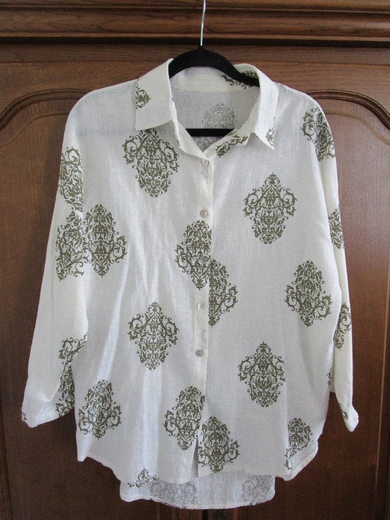 Witte blouse met olijfgroene print, Wit, Maat 46/48 (XL) of groter, Nieuw, OLAA MODA ITALY