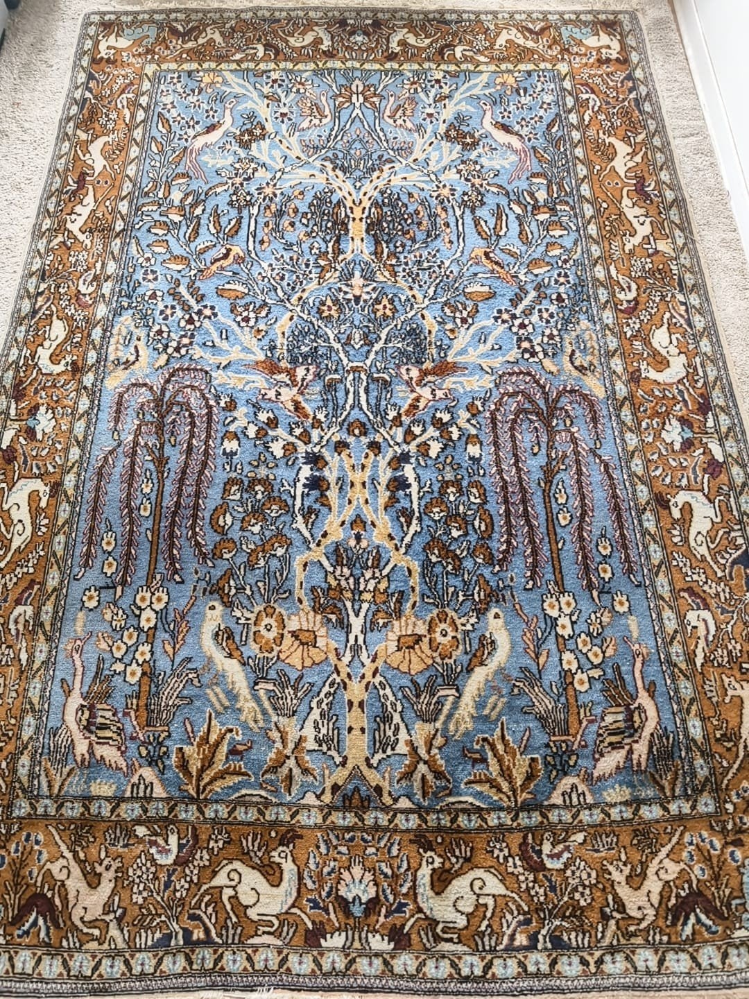 Authentiek Perzisch Zijde & Korkwol Tapijt (210x140 cm), Huis en Inrichting, Stoffering | Tapijten en Kleden, Gebruikt, 100 tot 150 cm