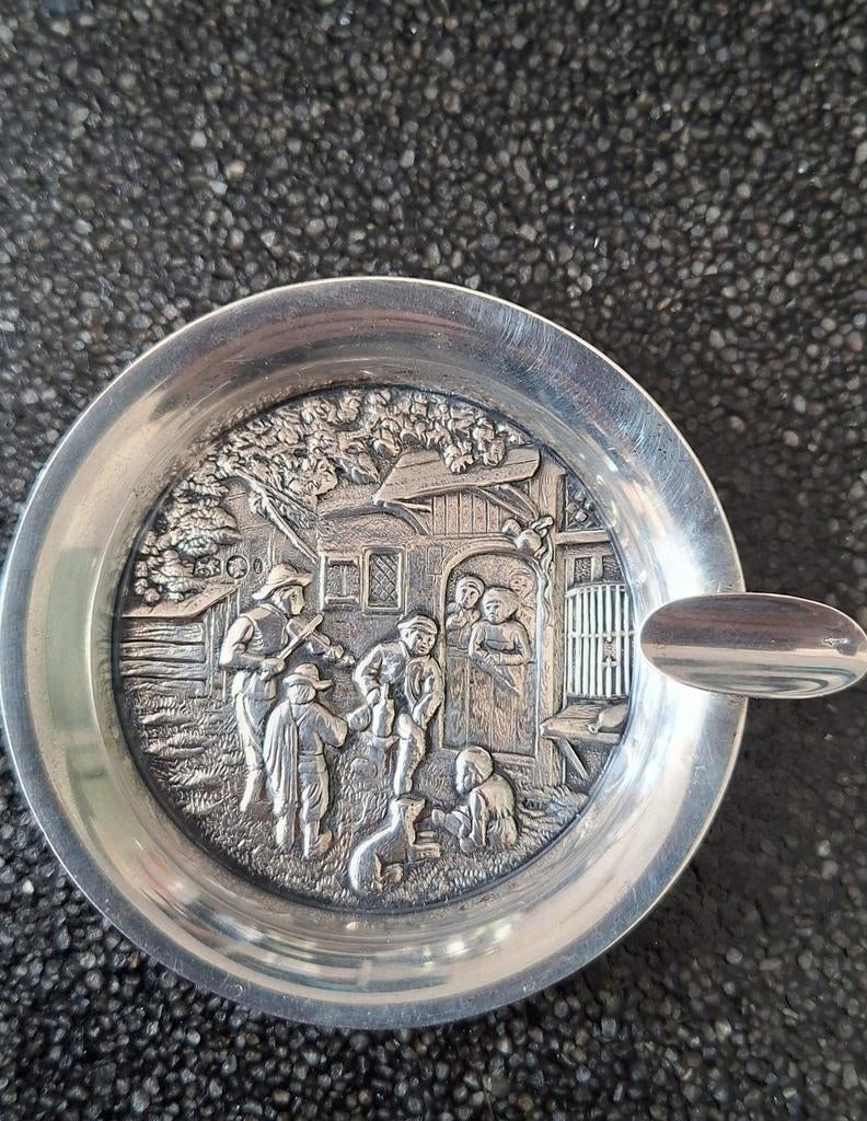 Vintage zilveren asbakje met vintage tafereel, Ophalen of Verzenden, Zilver