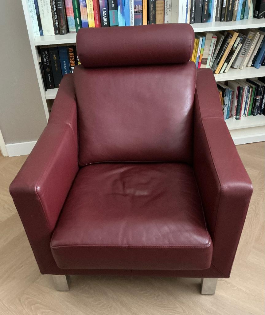 Leolux leren wijnrode fauteuil incl. hoofdrol, Ophalen, Design, Zo goed als nieuw, 50 tot 75 cm