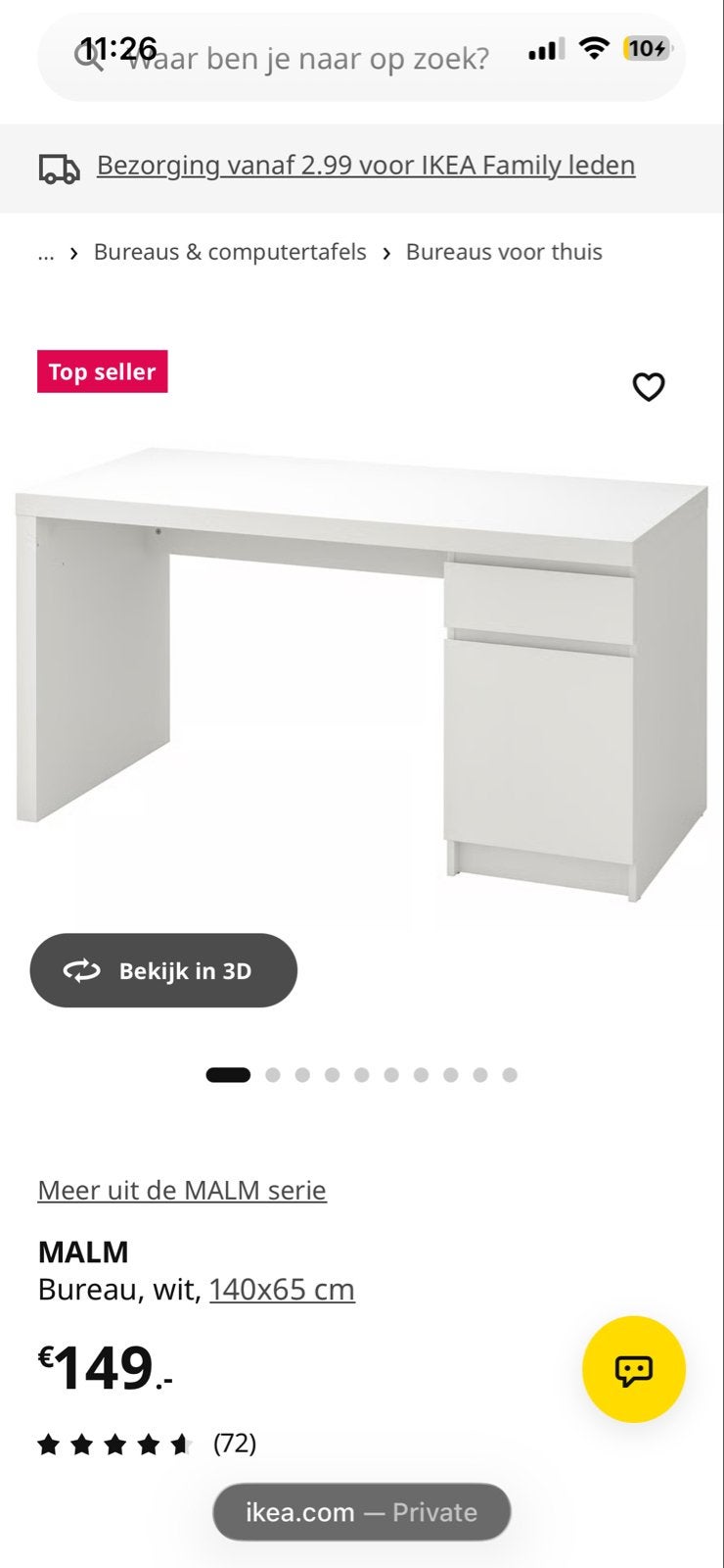 IKEA Malm bureau wit, 140x65 cm, Huis en Inrichting, Ophalen, Gebruikt, Met lades, IKEA