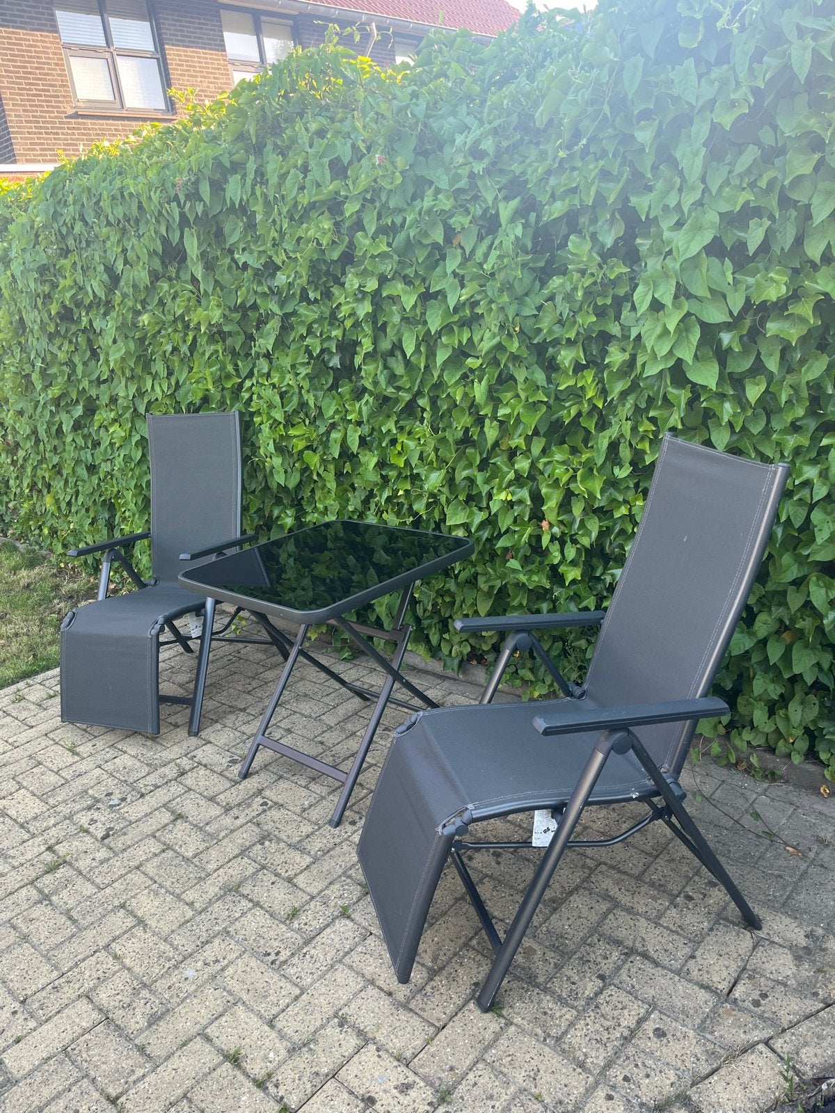 Tuinset met 2 verstelbare stoelen en bijzettafel, Gebruikt, Textileen, Bijzettafel, Tuinset