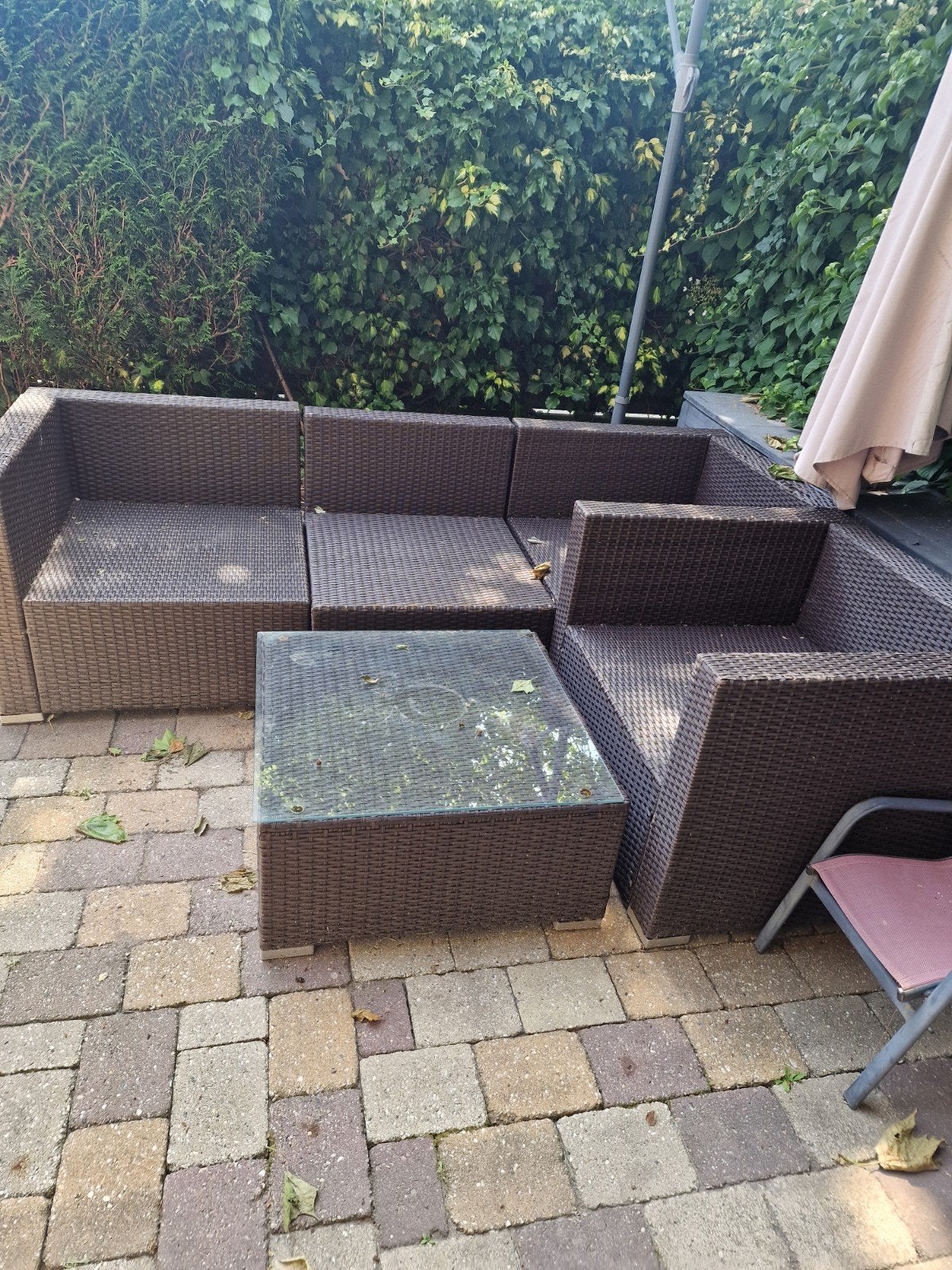 Tuinset zonder kussens - kan nog één ronde mee, Tuin en Terras, Tuinsets en Loungesets, Ophalen, 5 zitplaatsen, Gebruikt, Wicker