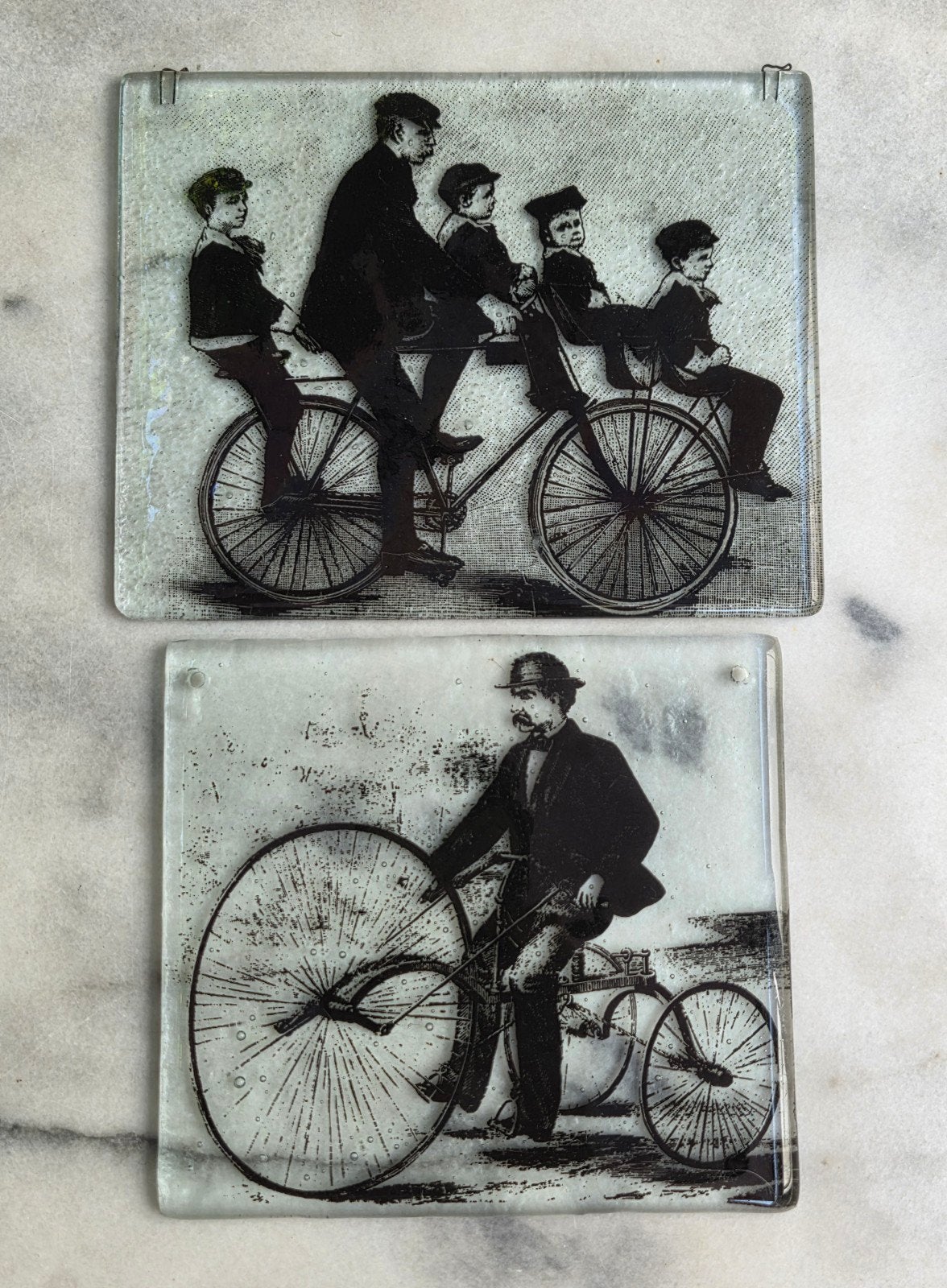 Vintage glazen wandhangers – Historische fietsen -Vélocipède, Ophalen of Verzenden