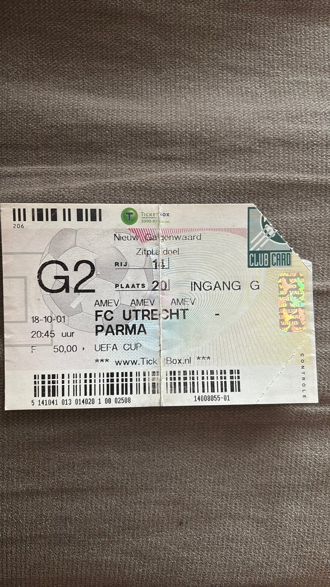 Oud stadionticket utrecht parma 2001, Ophalen of Verzenden, Zo goed als nieuw