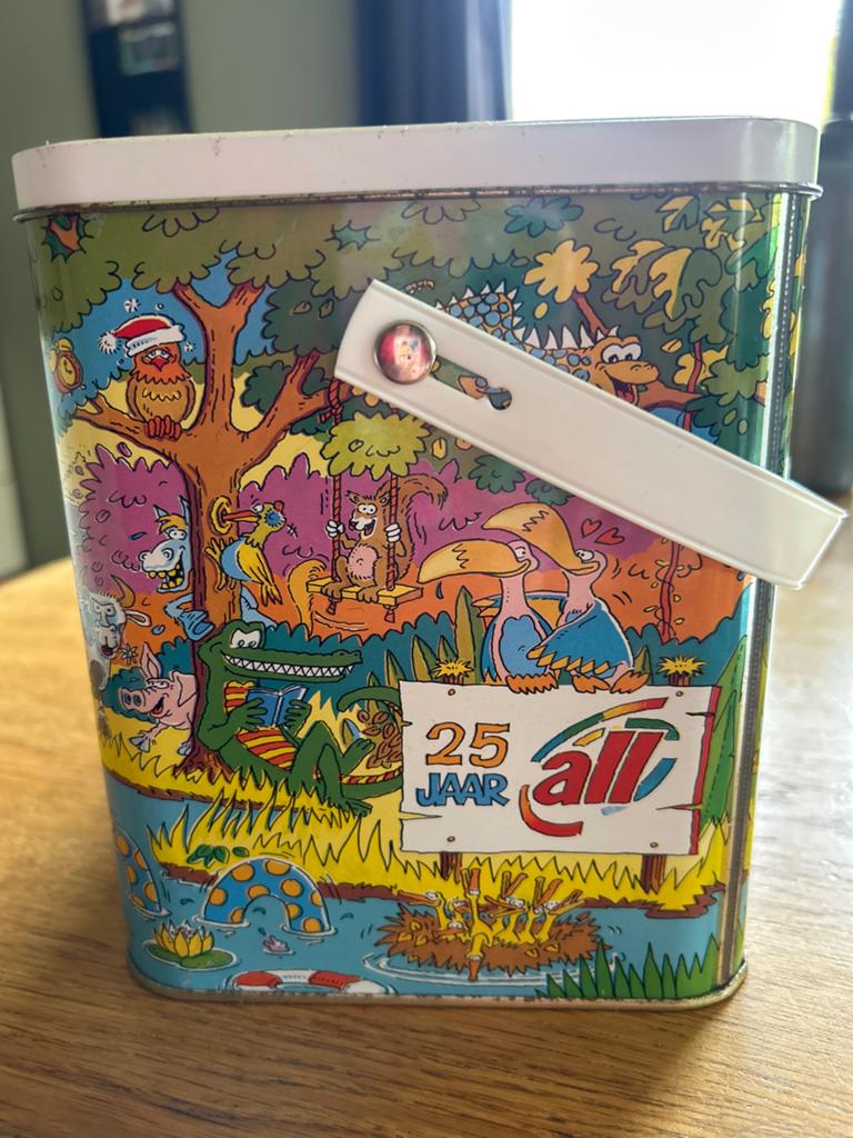 Vintage All 25 Jaar blikken trommel met handvat, Ophalen of Verzenden, Gebruikt, Overige, Overige merken