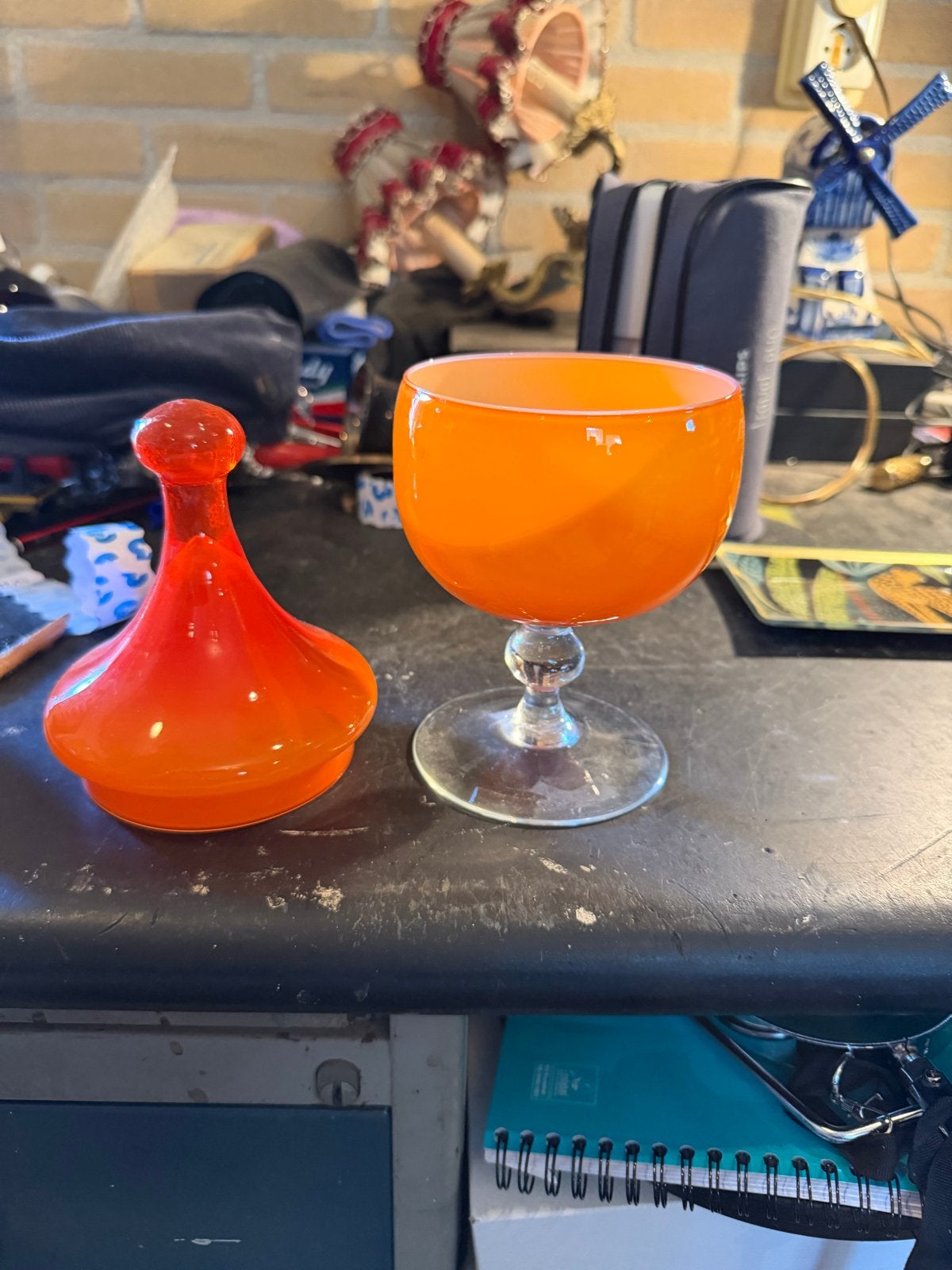 Vintage opaline kelk oranje glas met deksel, Ophalen of Verzenden