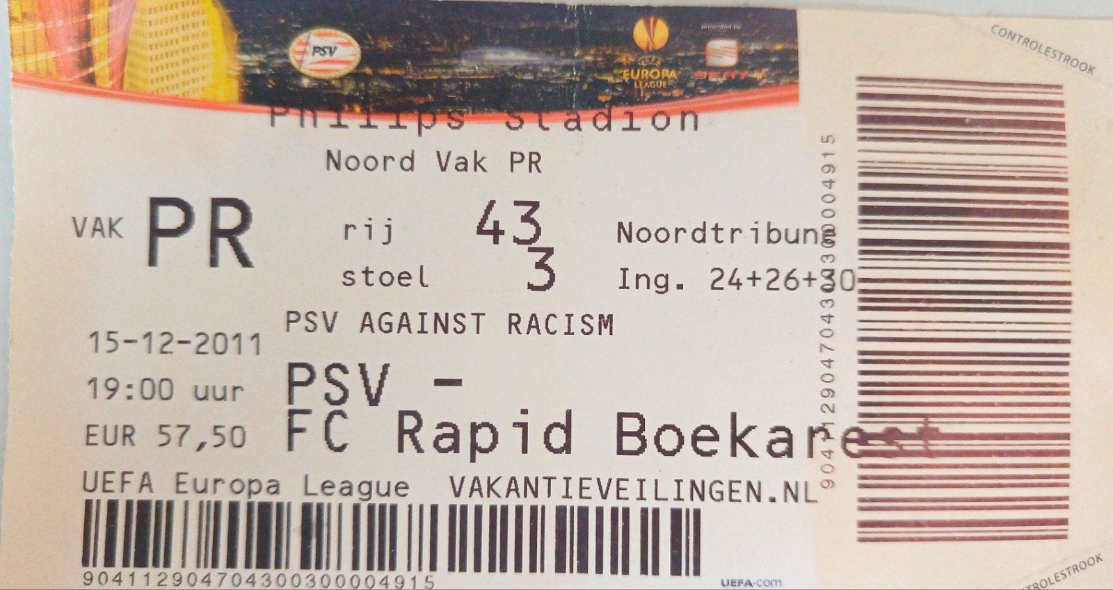 Europa League toegangskaart PSV-Rapid Boekarest 2011, Ophalen of Verzenden, Zo goed als nieuw, PSV, Overige typen