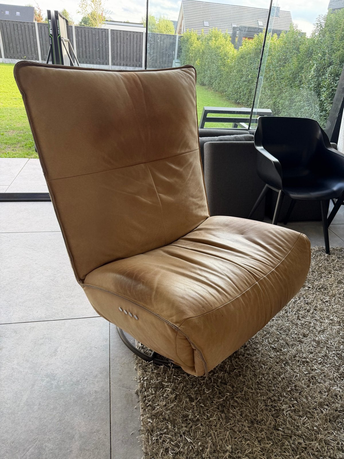 Elektrische leren relaxfauteuil met accu - Cognac bruin, Huis en Inrichting, Stoelen, Ophalen, Gebruikt, Bruin, Leer