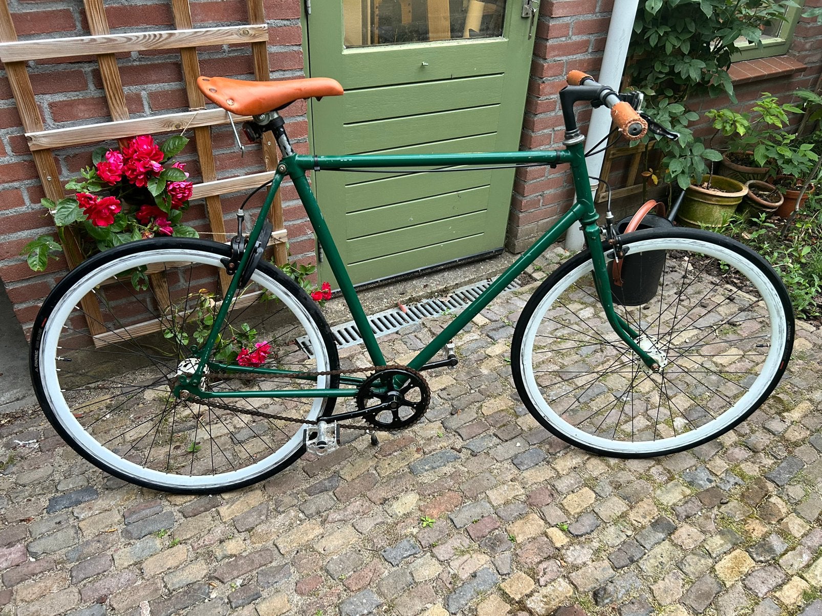 Groen-wit-bruine Fixie, Gebruikt, Velgrem, 57 tot 61 cm, Ophalen