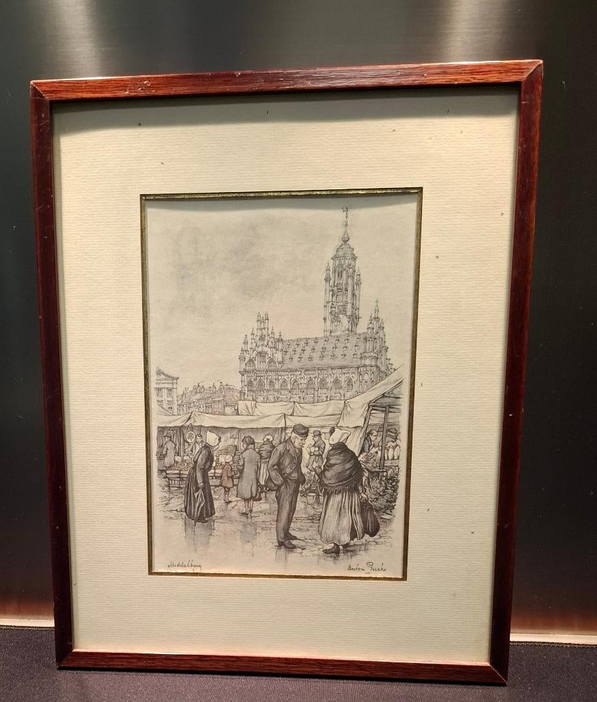 Ingelijste prent Anton Pieck Markt Middelburg stadhuis, Antiek en Kunst, Kunst | Etsen en Gravures, Ophalen of Verzenden