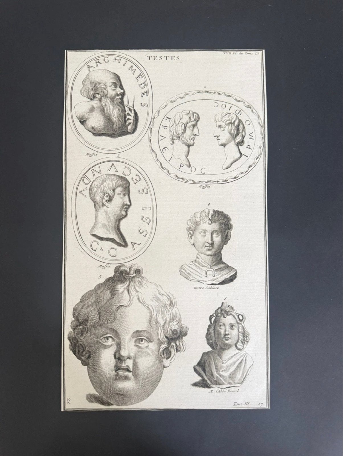 Antieke Gravure: Klassieke Buste Hoofden Archimedes Caesar, 1800 - 1899, Portret, Ophalen of Verzenden, Gravure