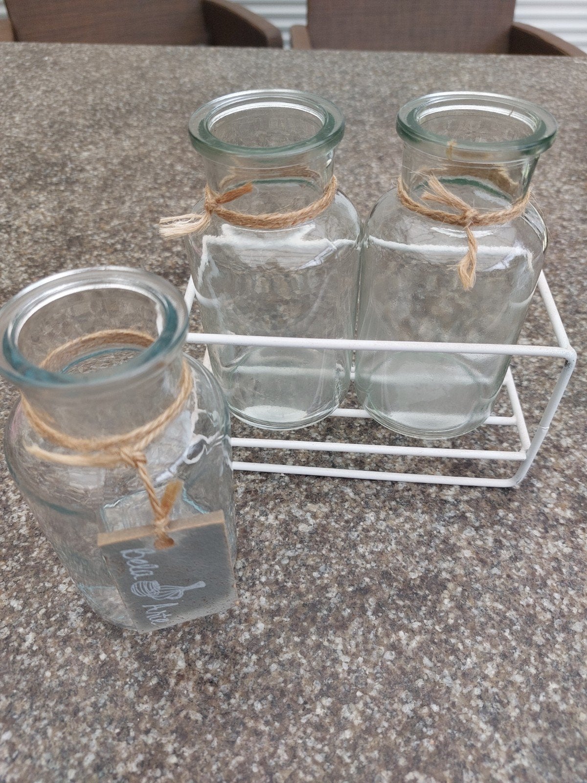 Set van 3 glazen vazen in metalen houder, Gebruikt, Met patroon/structuur, Transparant, Ophalen of Verzenden