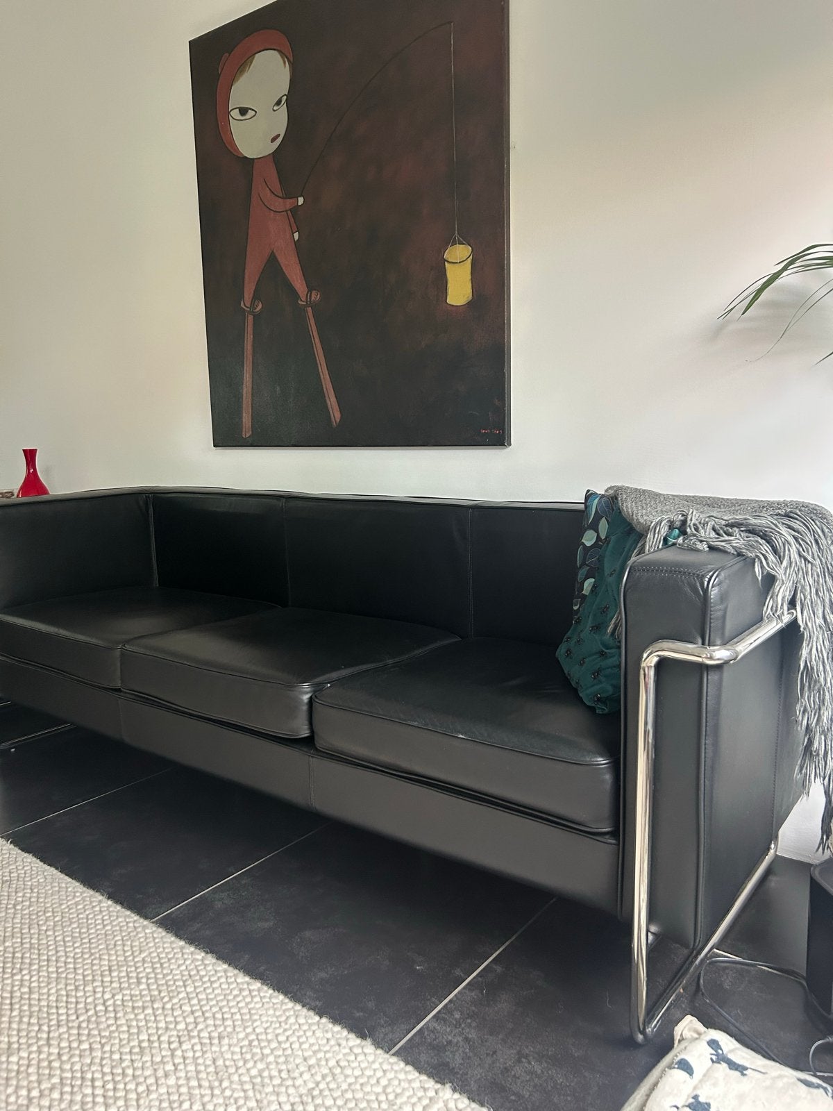 Zwarte leren bank met poef, Huis en Inrichting, Gebruikt, Minder dan 75 cm, Driepersoons, Leer