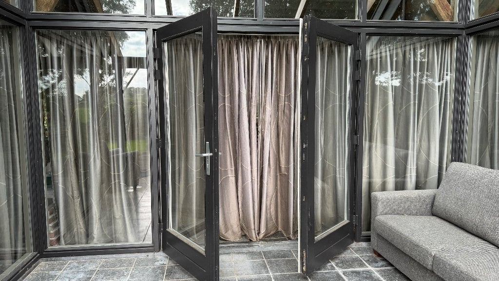 Houten kozijn 2 terrasdeur 2x zijlicht dubbelglas 4213 x 260, Ophalen, Gebruikt, Inclusief glas, 225 cm of meer