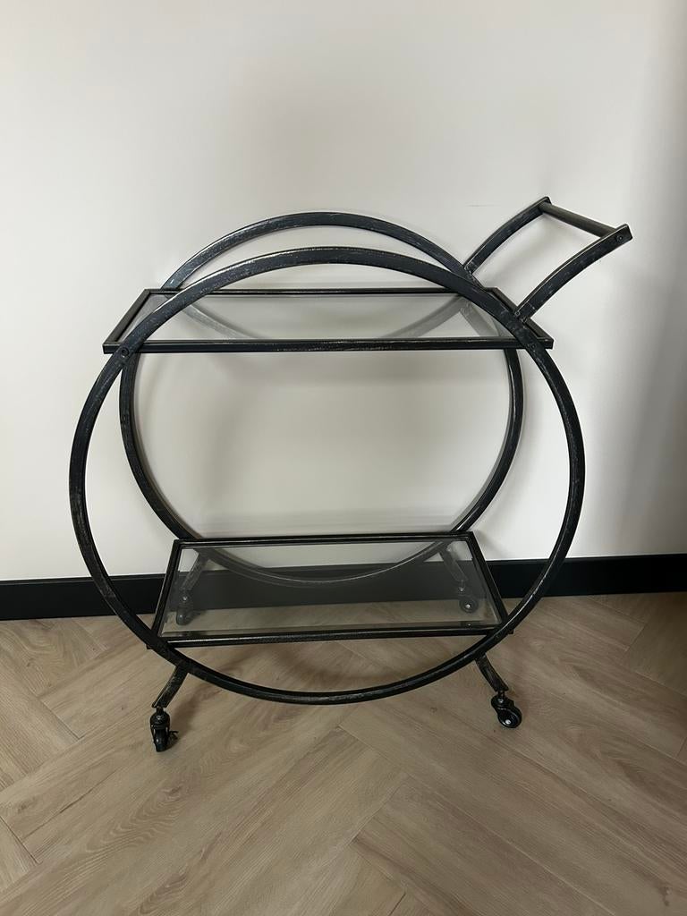 Serveertrolley/barcart - zwart/bruin metaal - glas, Huis en Inrichting, Ophalen, Zo goed als nieuw