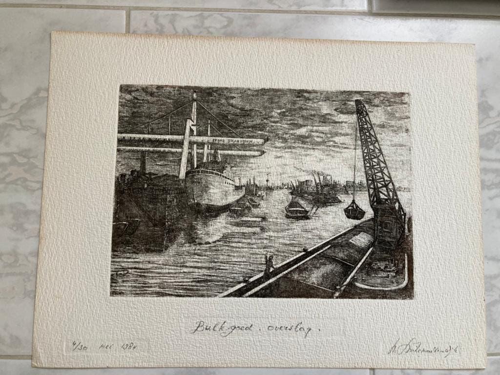 Frans Swarttouw, Bulkgoed-overslag, 1984, 4/30, afm. 27x20cm, Gravure, Landschap, 20 cm, 27 cm