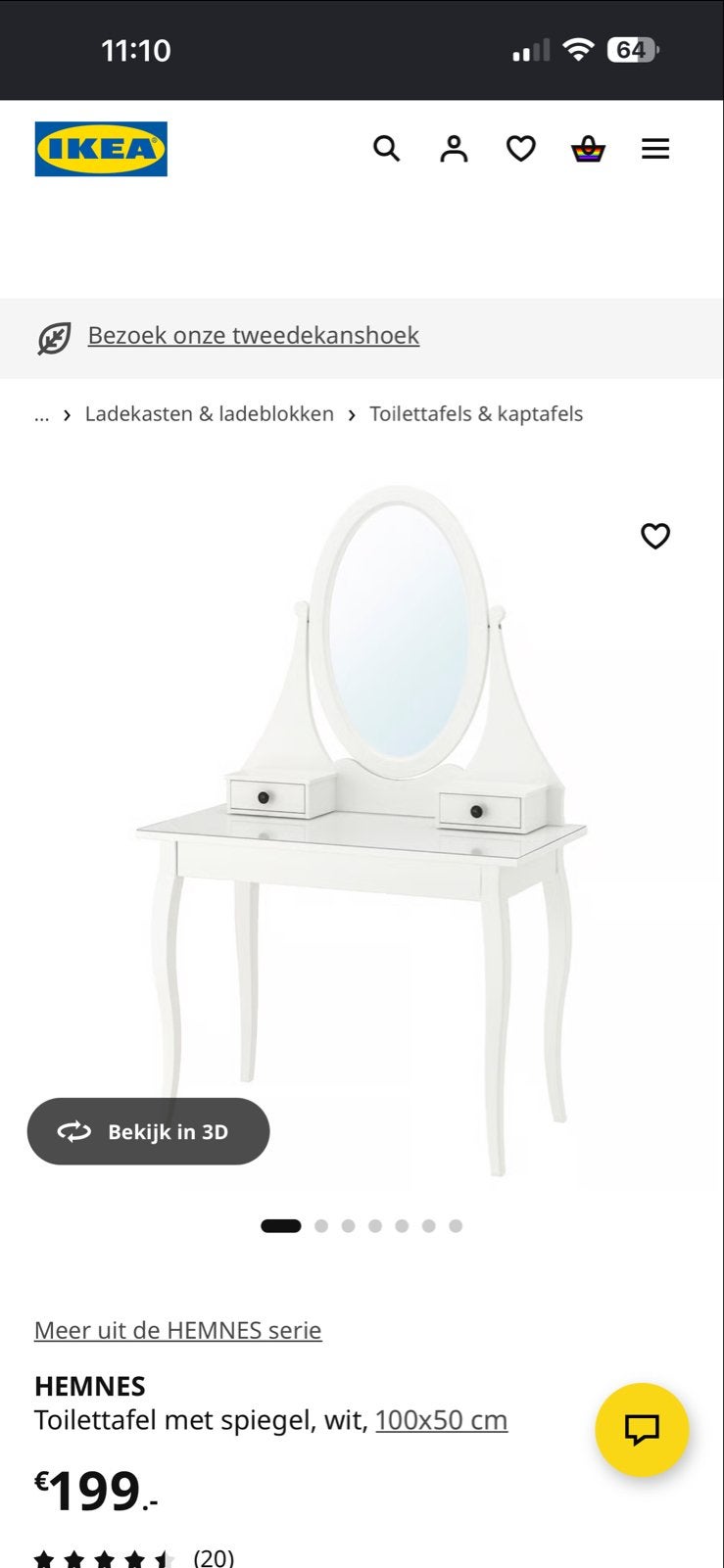 IKEA HEMNES Toilettafel met spiegel, wit, Ophalen, Gebruikt, 50 tot 100 cm, 150 tot 200 cm