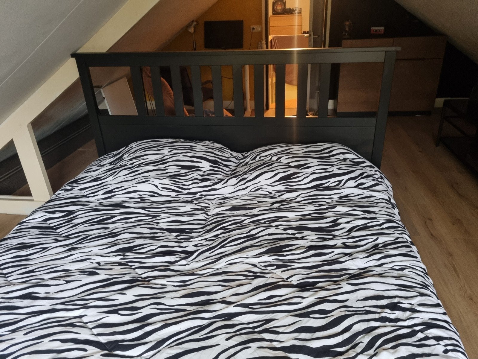 Tweepersoonsbed zwart hout, Ophalen, Gebruikt, Zwart, Tweepersoons