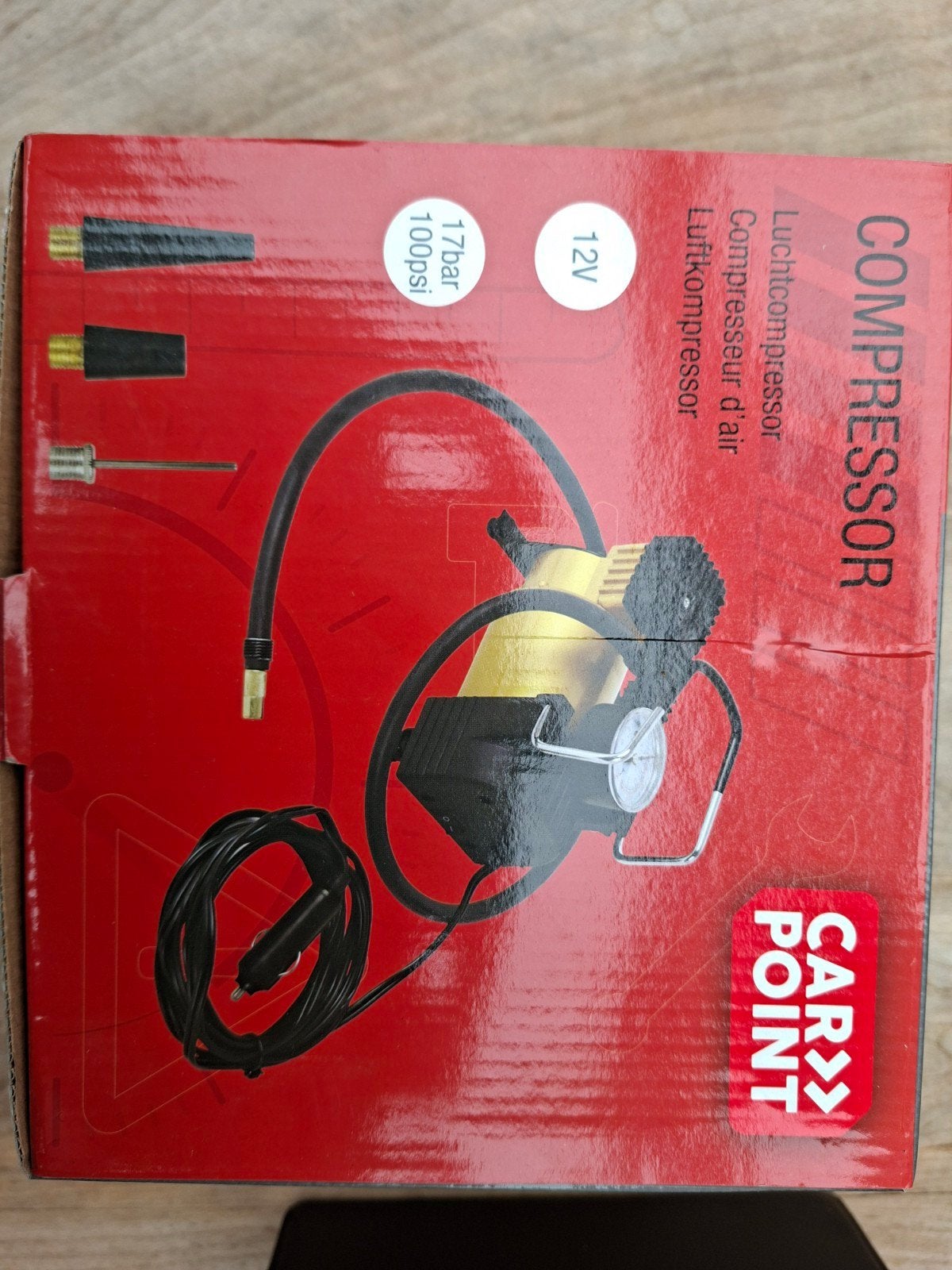 12V mini luchtcompressor Car Point z.g.a.n., 25 tot 100 liter, Ophalen, Zo goed als nieuw, Minder dan 200 liter/min