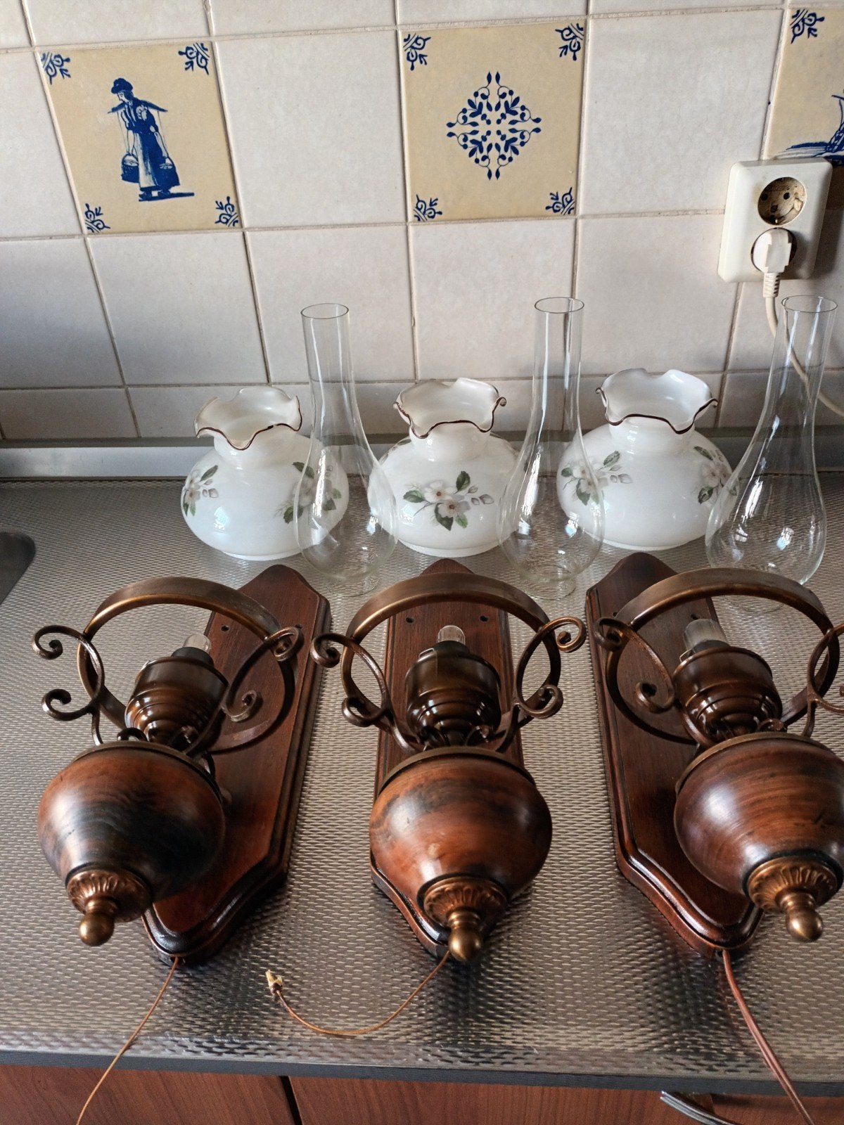 Set van 3 mooie/gave vintage wandlampen in olielamp-stijl, Antiek en Kunst, Ophalen of Verzenden