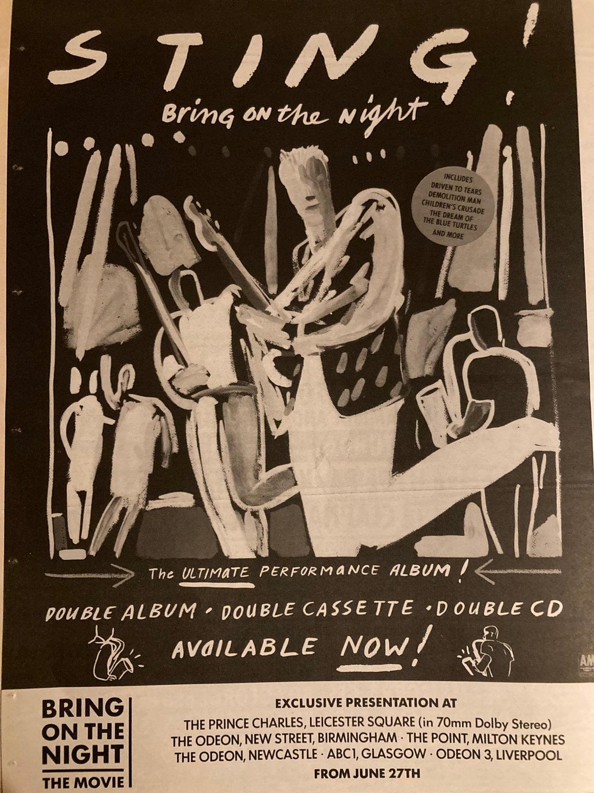 Paginagrote A3 advertentie STING Bring On The Night release, Ophalen of Verzenden