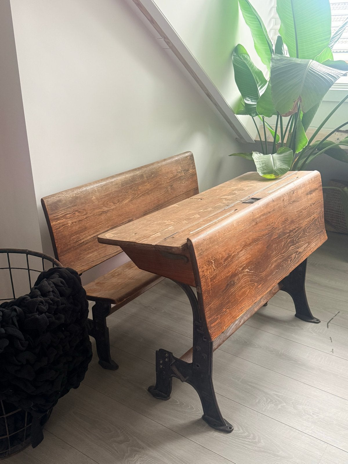 Antieke schoolbank met stoel - Vintage houten bureau, Ophalen
