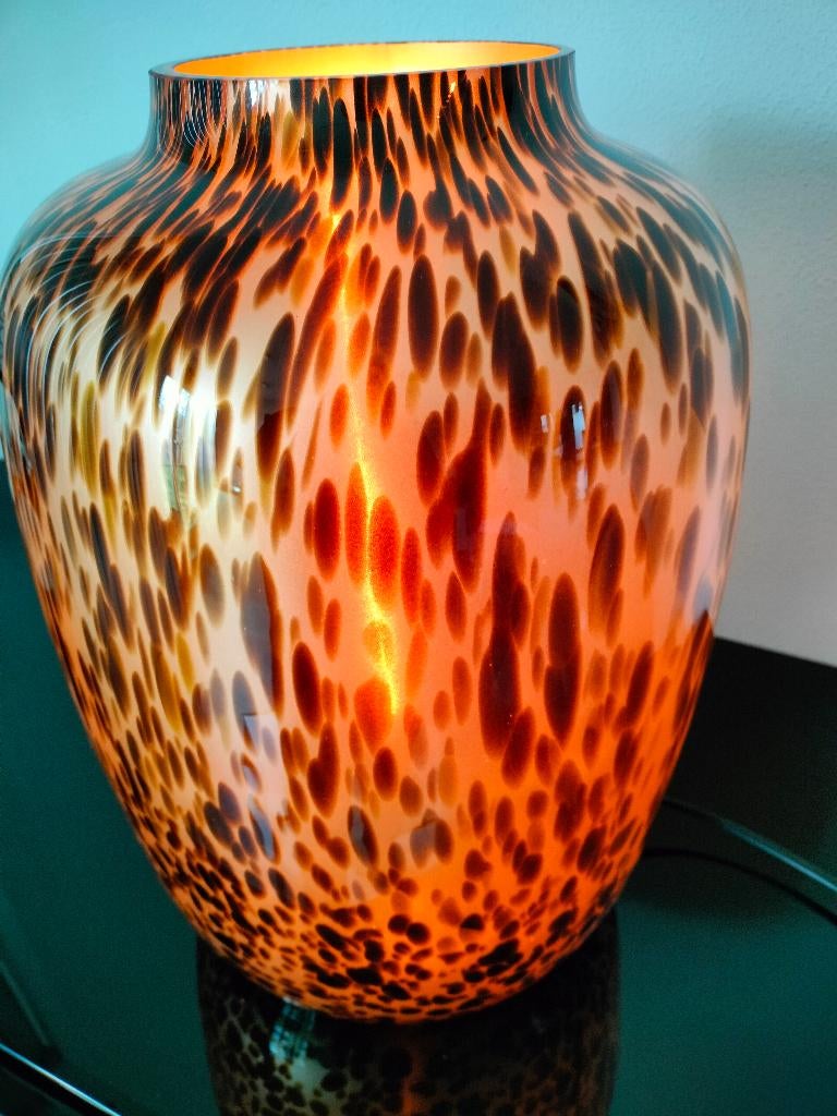 Design Tafellamp Amber Cheetah Leopard Gold, Huis en Inrichting, Lampen | Tafellampen, Zo goed als nieuw, Minder dan 50 cm, Glas