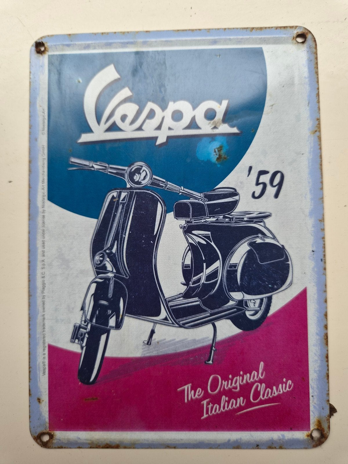 Emaille Reclame schildje Vespa 14 x 10 cm, Ophalen of Verzenden, Gebruikt, Reclamebord