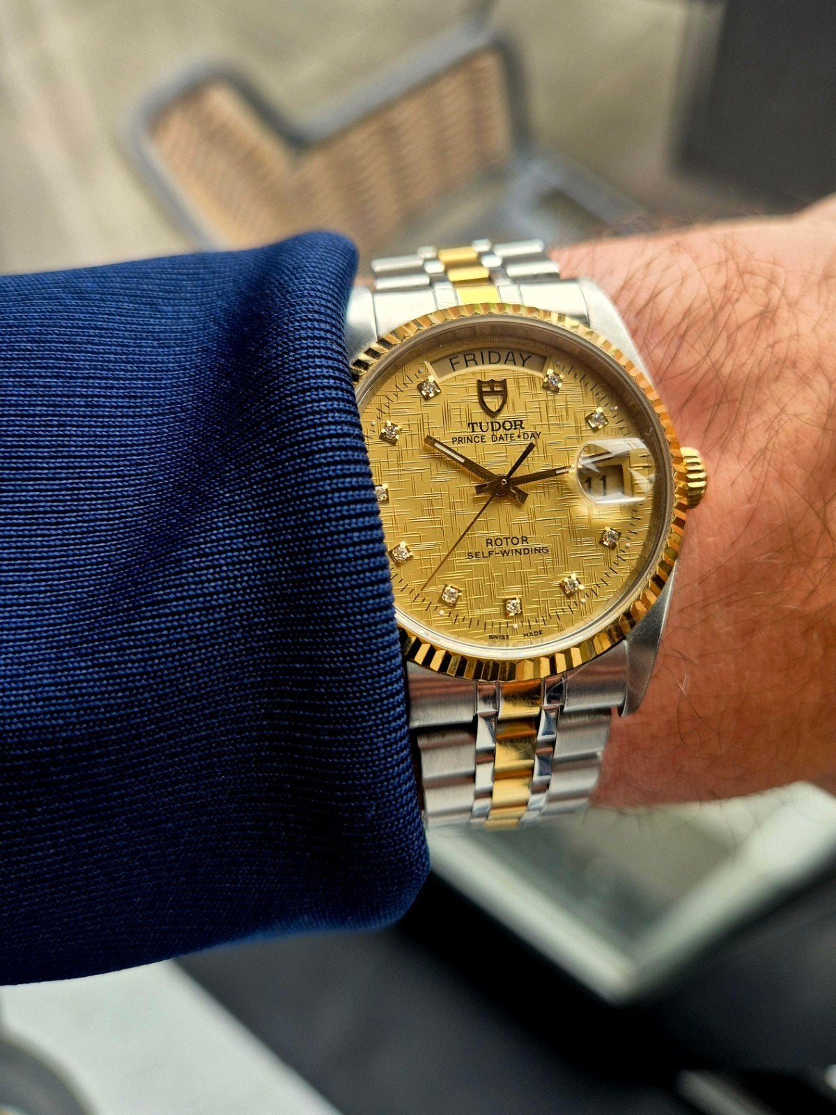 Tudor date + day horloge "Linnen/ diamanten"  2012, Sieraden, Tassen en Uiterlijk, Ophalen of Verzenden, Zo goed als nieuw, Staal