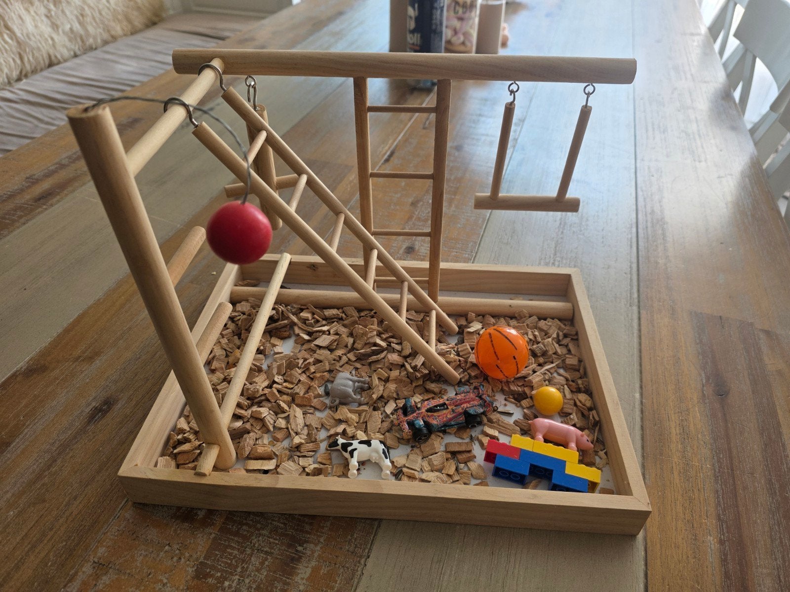 Houten speelbak met klimrek en schommels, Ophalen, Nieuw, Hout, Vogelkooi