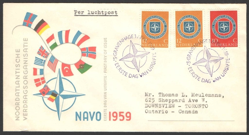 Nederland FDC E37 Met adres, NAVO 1959, Postzegels en Munten, Postzegels | Eerstedagenveloppen, Ophalen of Verzenden, Beschreven