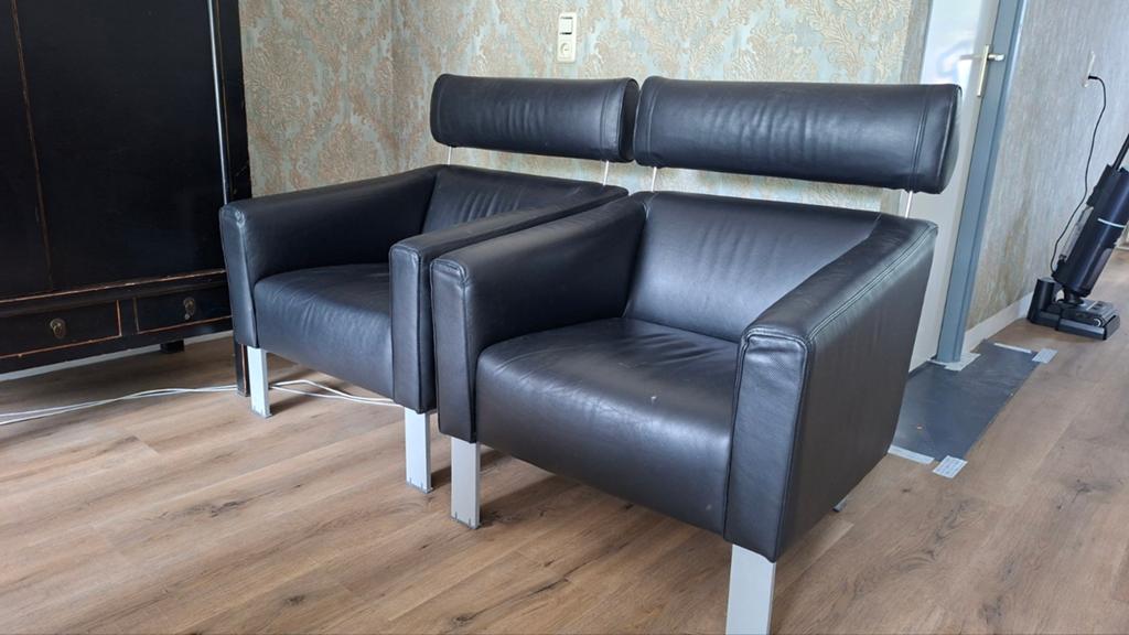 2x Zwart leren fauteuils - Leolux Patachou, Gebruikt, Twee, Zwart, Ophalen of Verzenden
