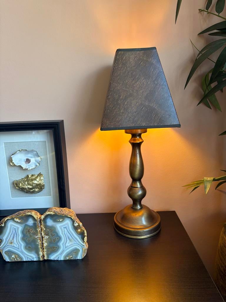 Vintage Klassieke Balusterlamp met Donkerbruine Kap, Huis en Inrichting, Lampen | Tafellampen, Ophalen of Verzenden, Gebruikt