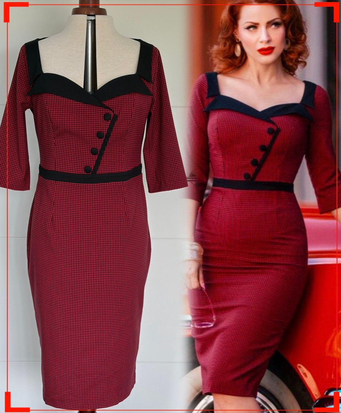 Glamour Bunny Suzette Gingham Pencil Dress in Black and Red, Meerkleurig, Maat 46/48 (XL) of groter, Nieuw, Ophalen of Verzenden