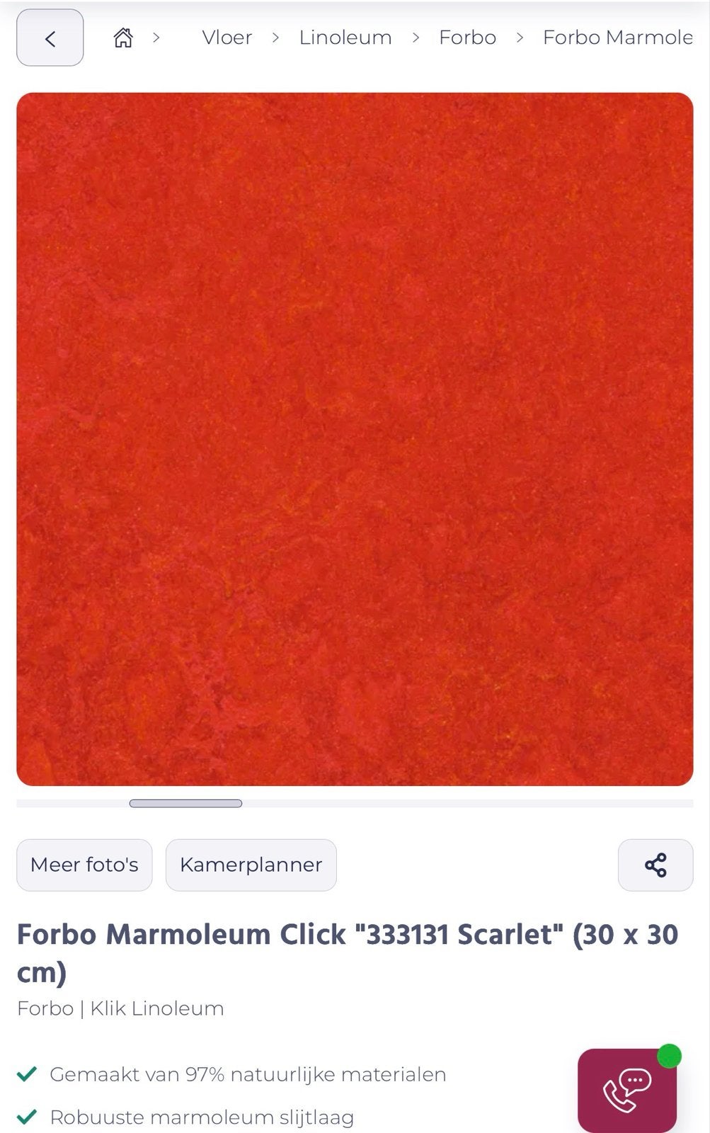 Forbo Marmoleum Click Scarlet - 1 pak (0,63 m2), Ophalen, Overige materialen, 30 cm of meer, Overige typen