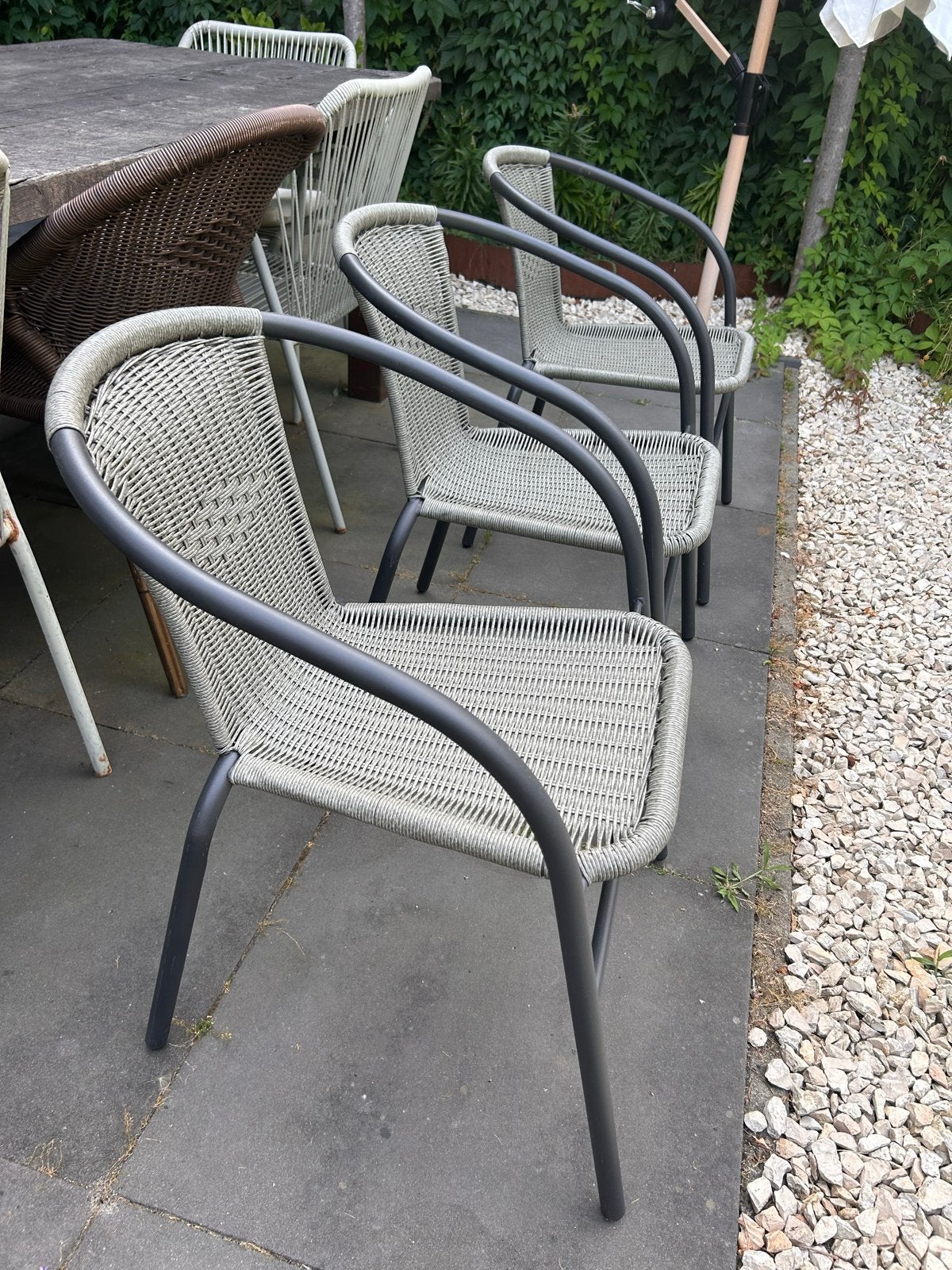 Wicker tuinstoelen met metalen frame - Set van 3, Ophalen, Gebruikt, Wicker, Stapelbaar