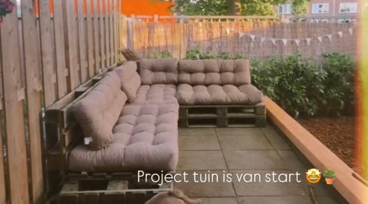 Palletbank met Lidl Kussens en Crème Hoezen, Ophalen, Gebruikt, Hout