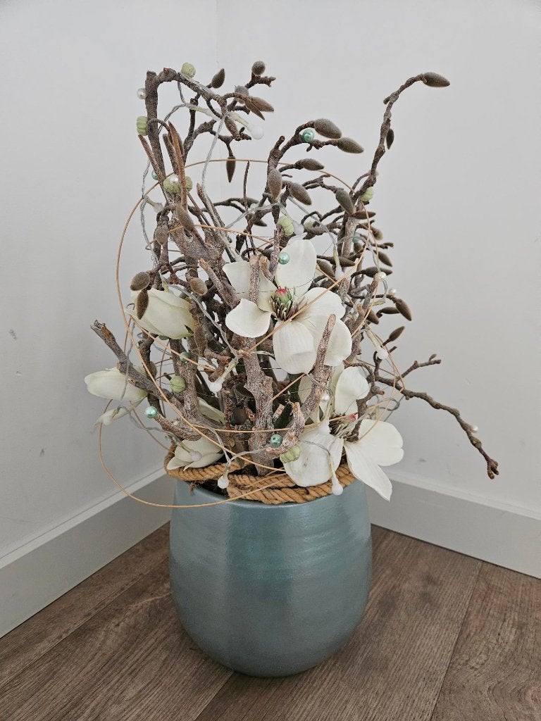 Mooi bloemstuk met pot, Ophalen, Binnen, Blauw, Gebruikt