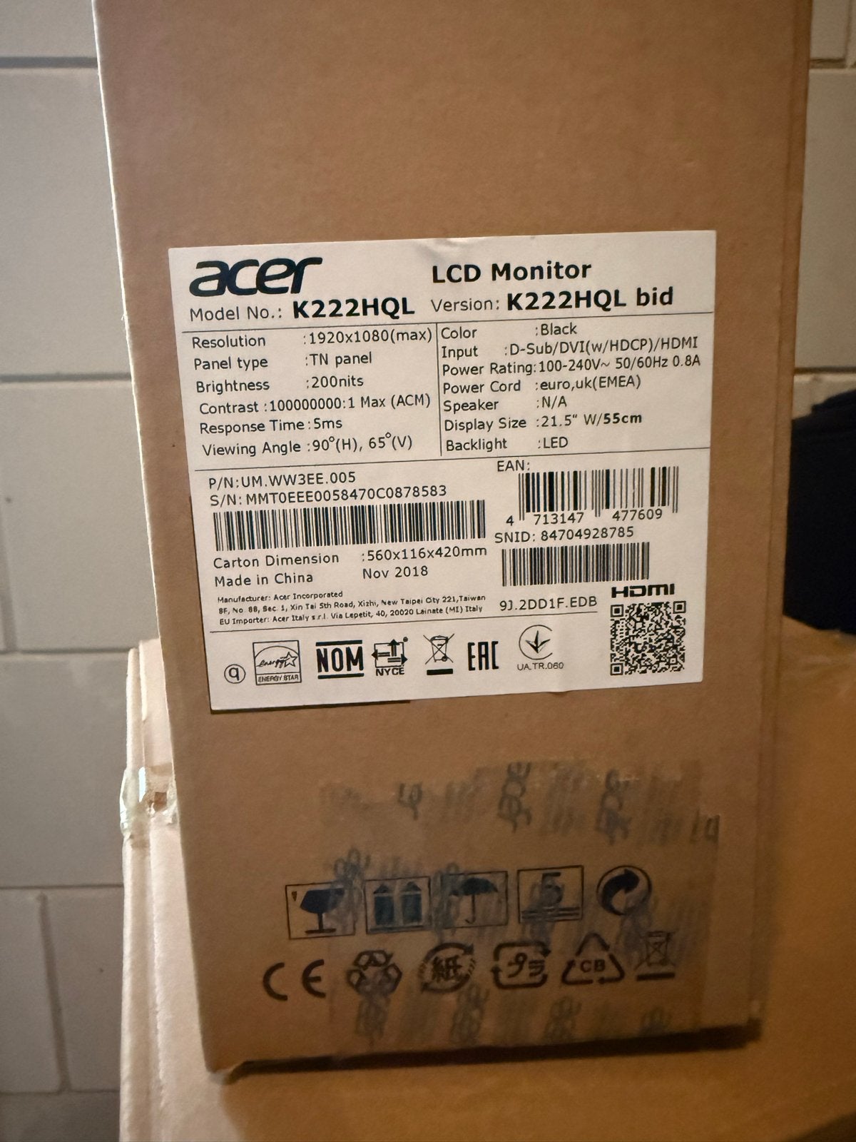 Acer K222HQL 21.5 inch Full HD Monitor, Ophalen, Gebruikt, 3 tot 5 ms, Full HD